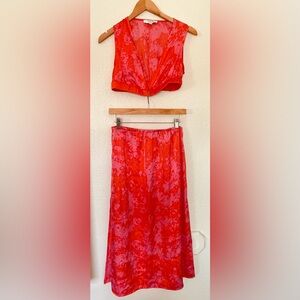 THAKOON Collective Satin Two Piece Skirt and Top Size 2 Red and Pink Print